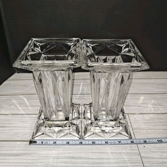 German PartyLite Quad Prism 7” Crystal Square Pedestal Pillar Candle Holder Vase - Picture 8 of 9